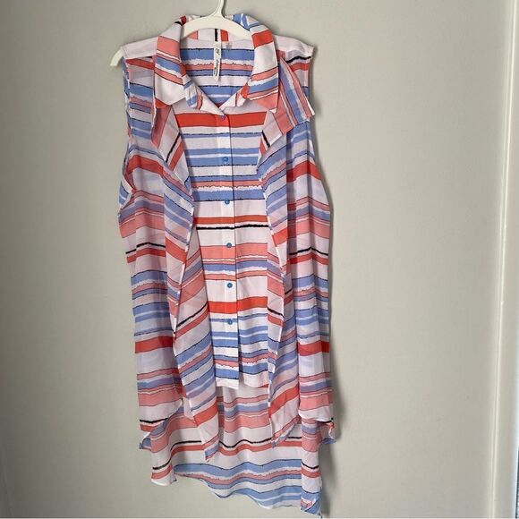 NY Collection Striped Collared Button Front Hi-Lo Sleeveless Ruffle Blouse 1X - Picture 1 of 3
